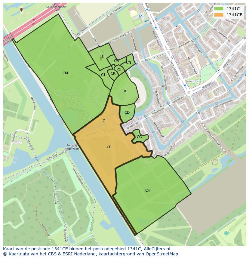 Afbeelding van het postcodegebied 1341 CE op de kaart.