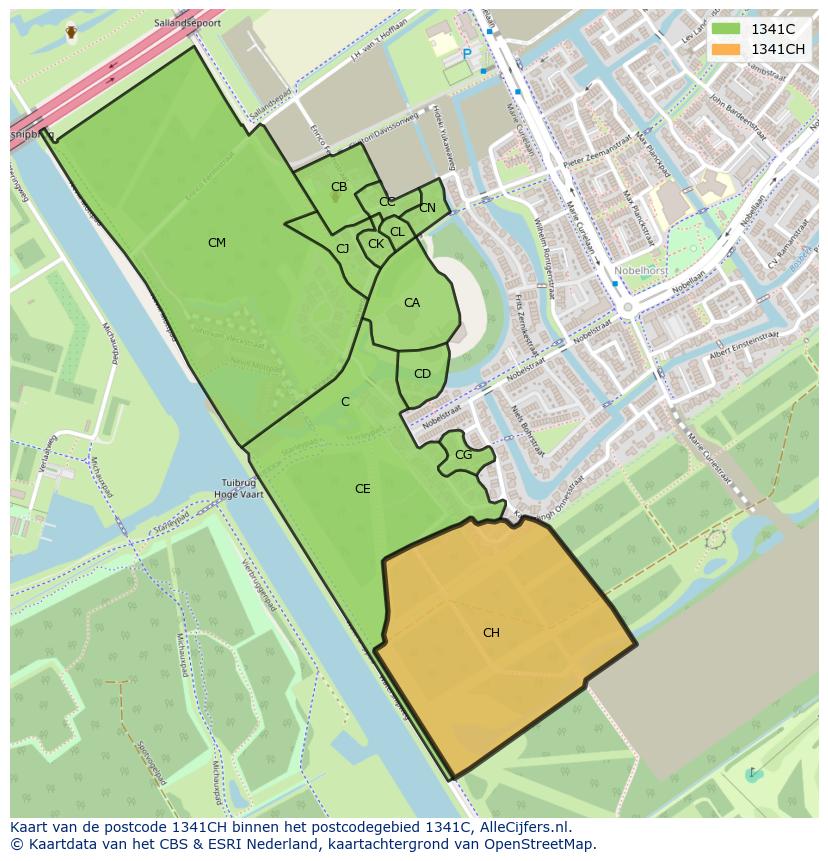 Afbeelding van het postcodegebied 1341 CH op de kaart.