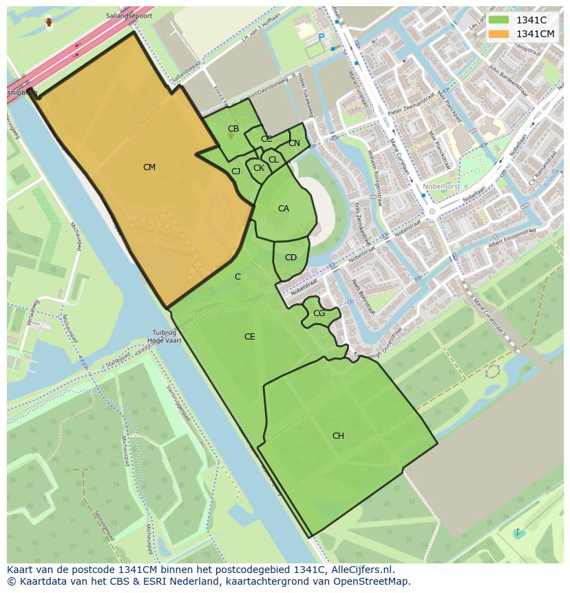 Afbeelding van het postcodegebied 1341 CM op de kaart.