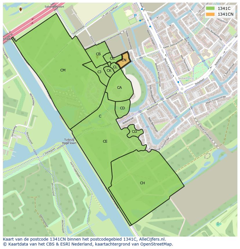 Afbeelding van het postcodegebied 1341 CN op de kaart.