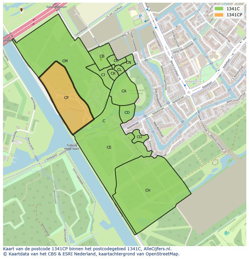 Afbeelding van het postcodegebied 1341 CP op de kaart.