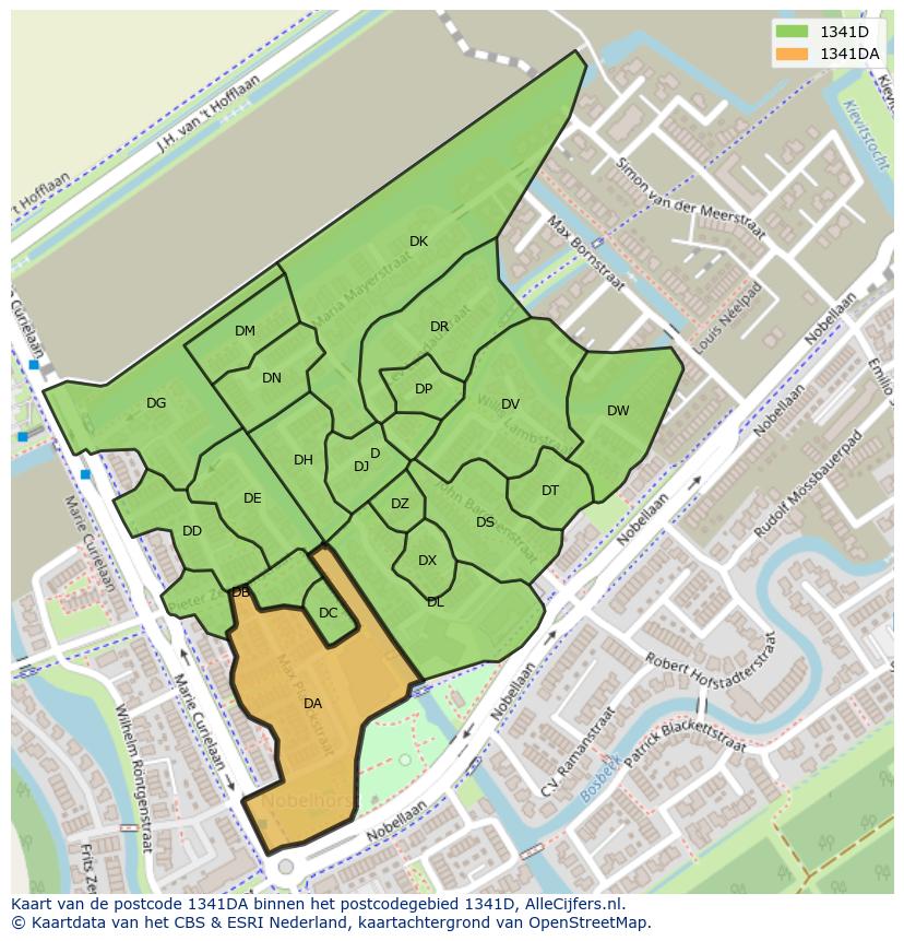 Afbeelding van het postcodegebied 1341 DA op de kaart.