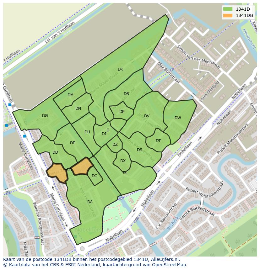 Afbeelding van het postcodegebied 1341 DB op de kaart.