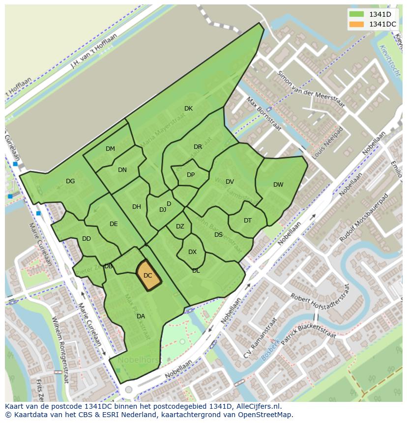 Afbeelding van het postcodegebied 1341 DC op de kaart.