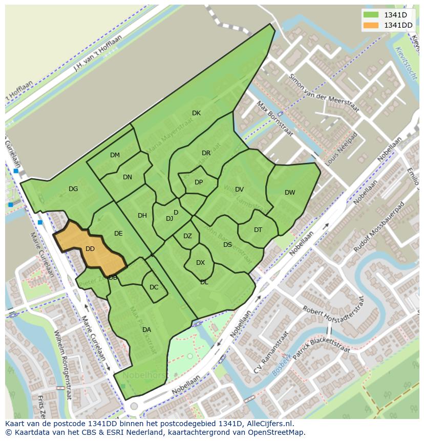 Afbeelding van het postcodegebied 1341 DD op de kaart.
