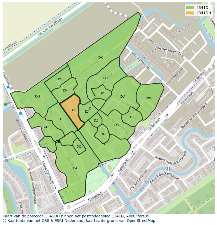 Afbeelding van het postcodegebied 1341 DH op de kaart.