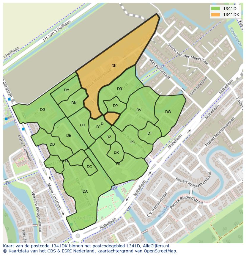 Afbeelding van het postcodegebied 1341 DK op de kaart.