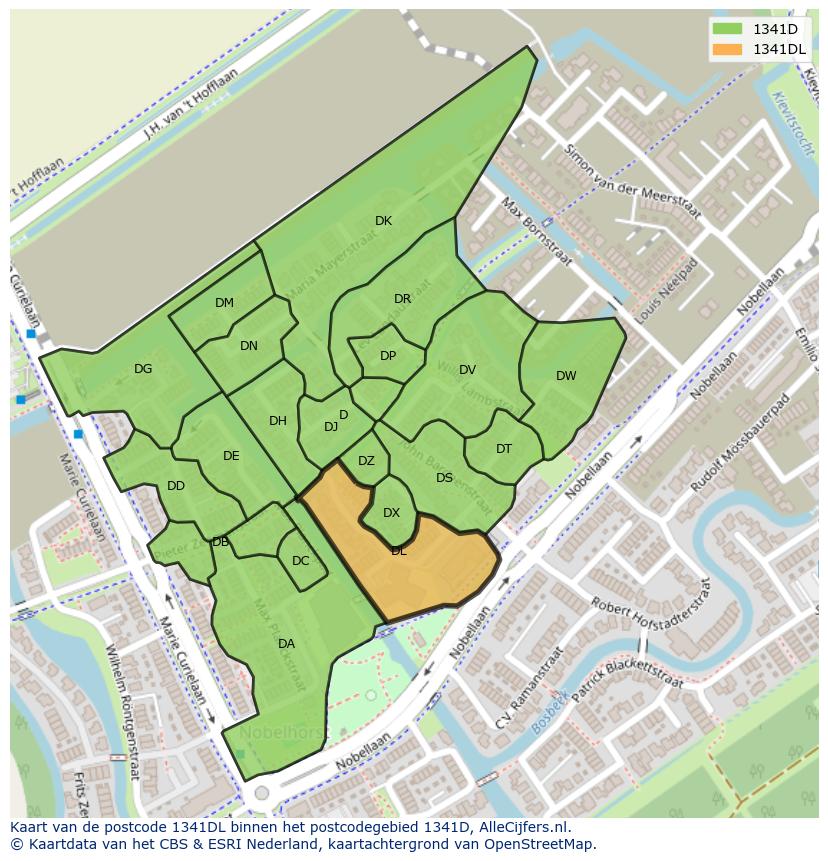 Afbeelding van het postcodegebied 1341 DL op de kaart.