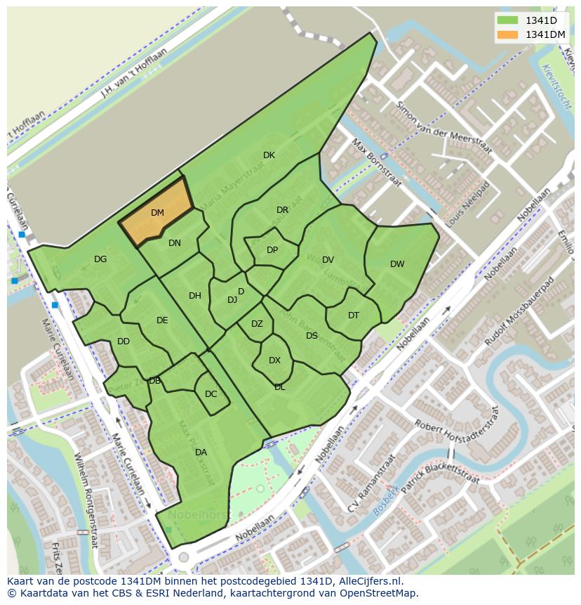 Afbeelding van het postcodegebied 1341 DM op de kaart.