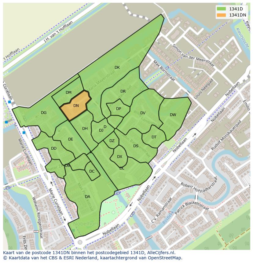 Afbeelding van het postcodegebied 1341 DN op de kaart.