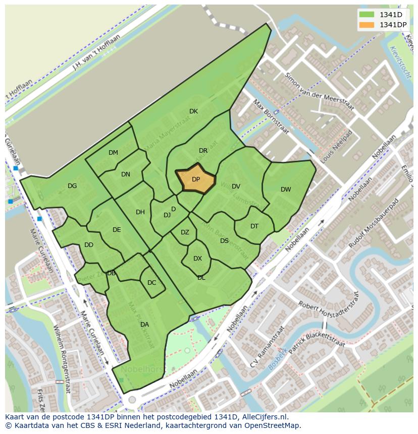 Afbeelding van het postcodegebied 1341 DP op de kaart.