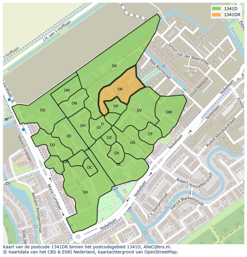 Afbeelding van het postcodegebied 1341 DR op de kaart.