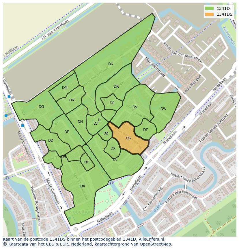 Afbeelding van het postcodegebied 1341 DS op de kaart.