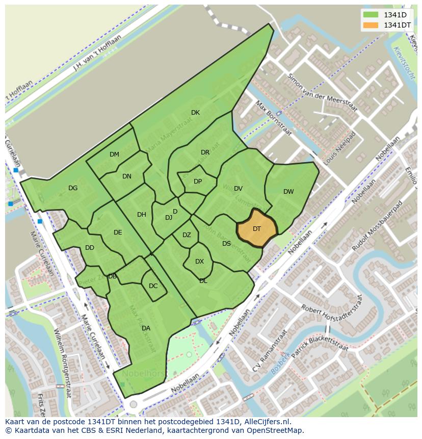 Afbeelding van het postcodegebied 1341 DT op de kaart.