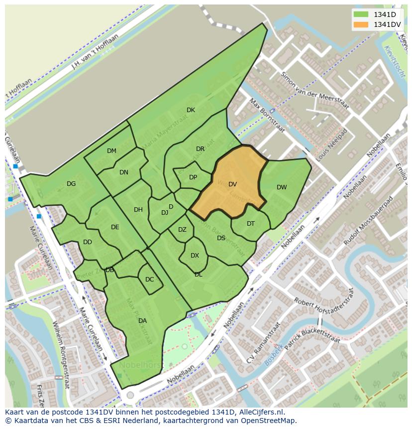 Afbeelding van het postcodegebied 1341 DV op de kaart.