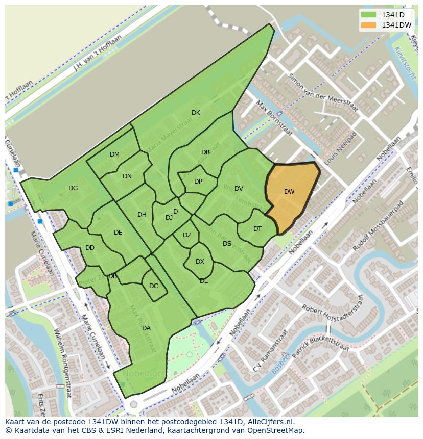 Afbeelding van het postcodegebied 1341 DW op de kaart.