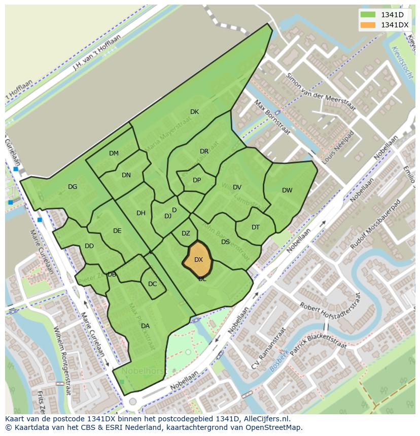 Afbeelding van het postcodegebied 1341 DX op de kaart.