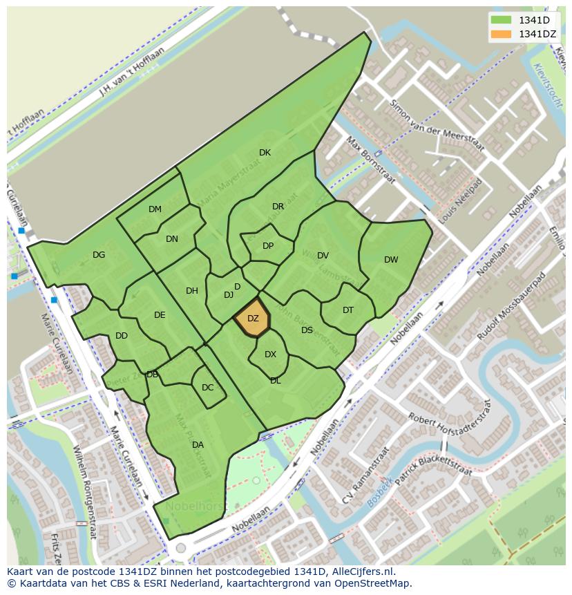 Afbeelding van het postcodegebied 1341 DZ op de kaart.