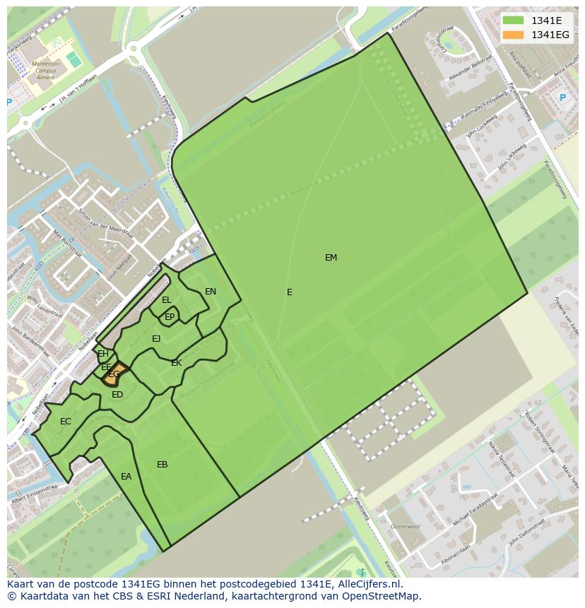 Afbeelding van het postcodegebied 1341 EG op de kaart.