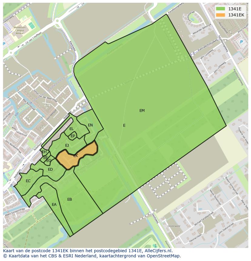 Afbeelding van het postcodegebied 1341 EK op de kaart.