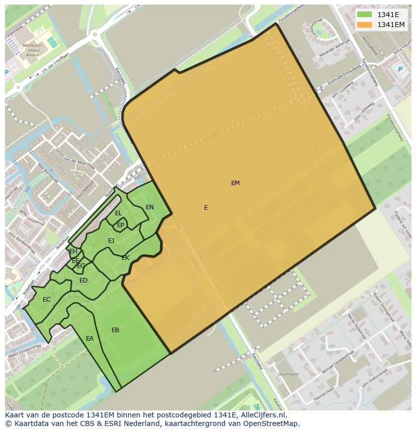 Afbeelding van het postcodegebied 1341 EM op de kaart.