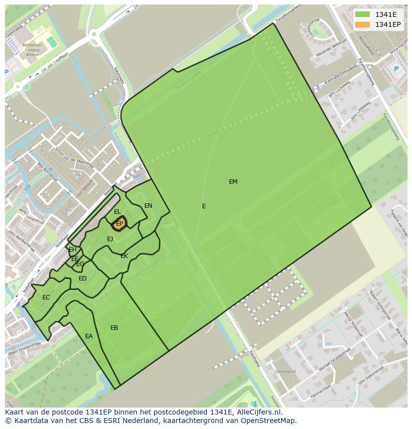 Afbeelding van het postcodegebied 1341 EP op de kaart.