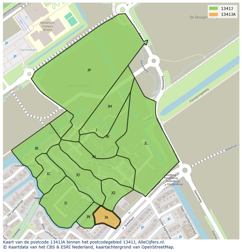 Afbeelding van het postcodegebied 1341 JA op de kaart.