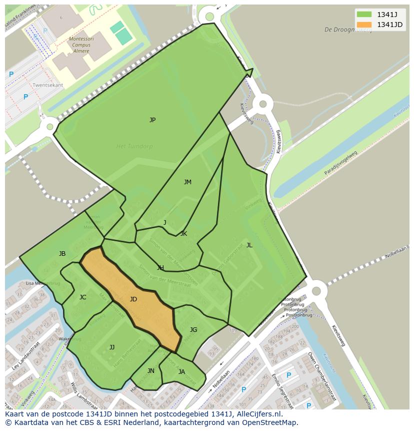 Afbeelding van het postcodegebied 1341 JD op de kaart.