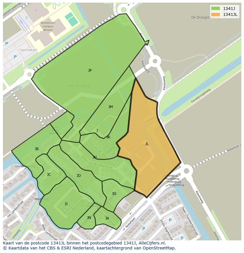 Afbeelding van het postcodegebied 1341 JL op de kaart.