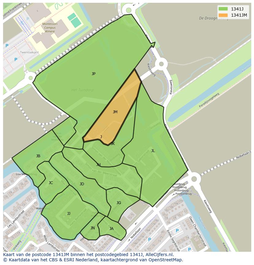 Afbeelding van het postcodegebied 1341 JM op de kaart.