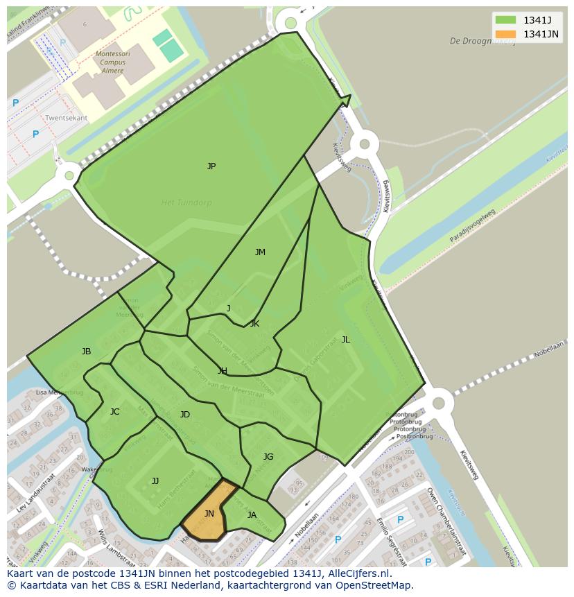 Afbeelding van het postcodegebied 1341 JN op de kaart.