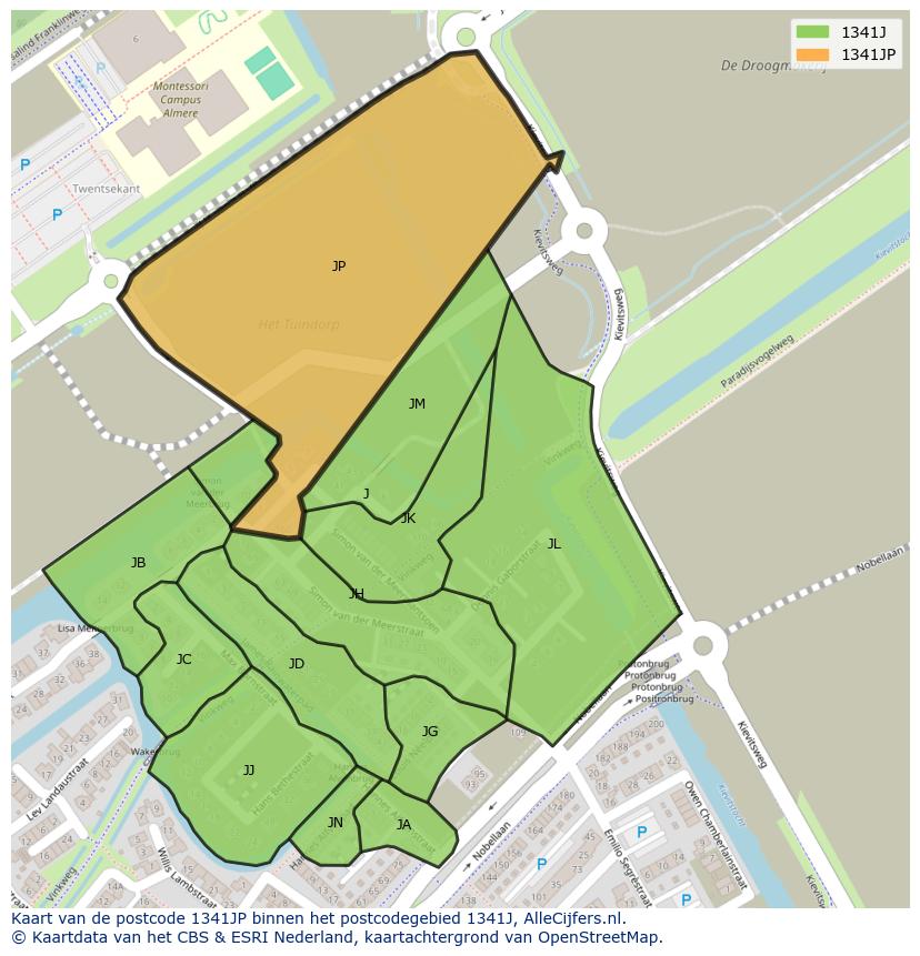 Afbeelding van het postcodegebied 1341 JP op de kaart.