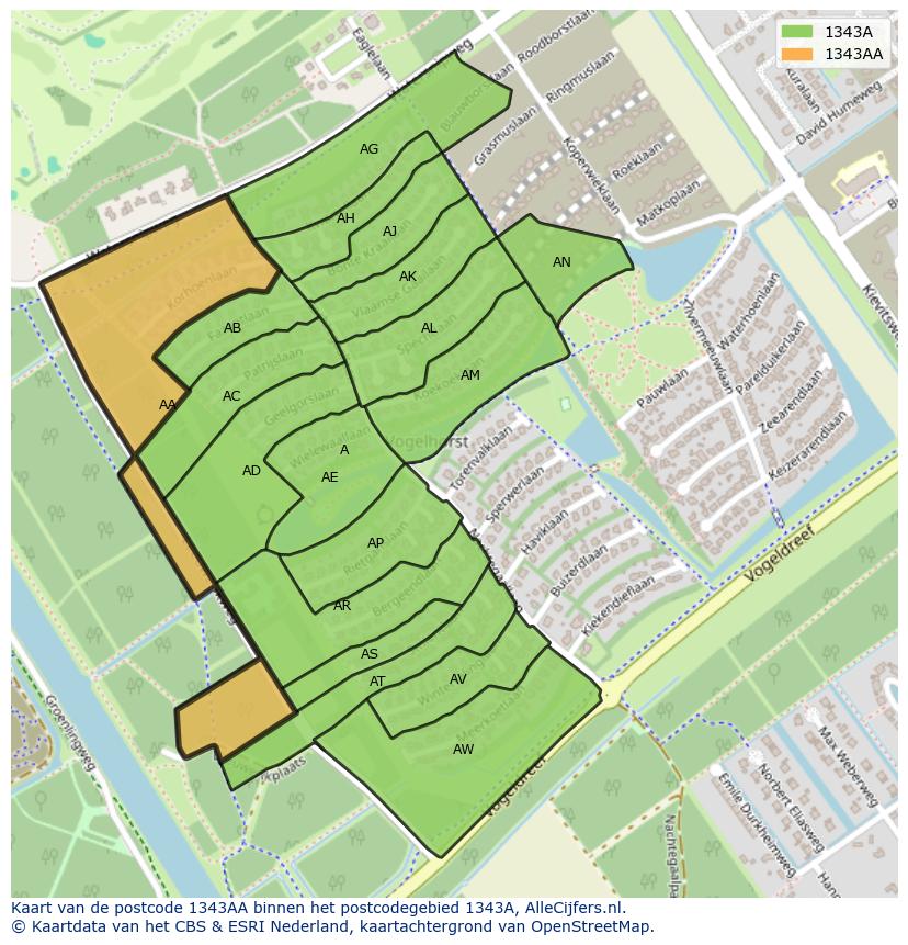 Afbeelding van het postcodegebied 1343 AA op de kaart.