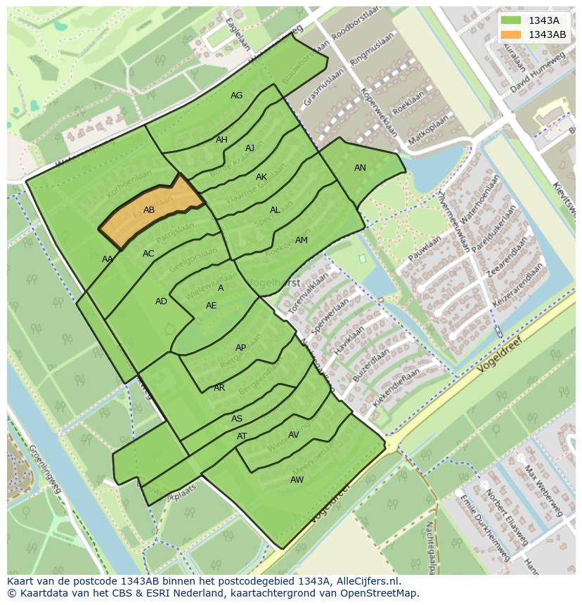 Afbeelding van het postcodegebied 1343 AB op de kaart.