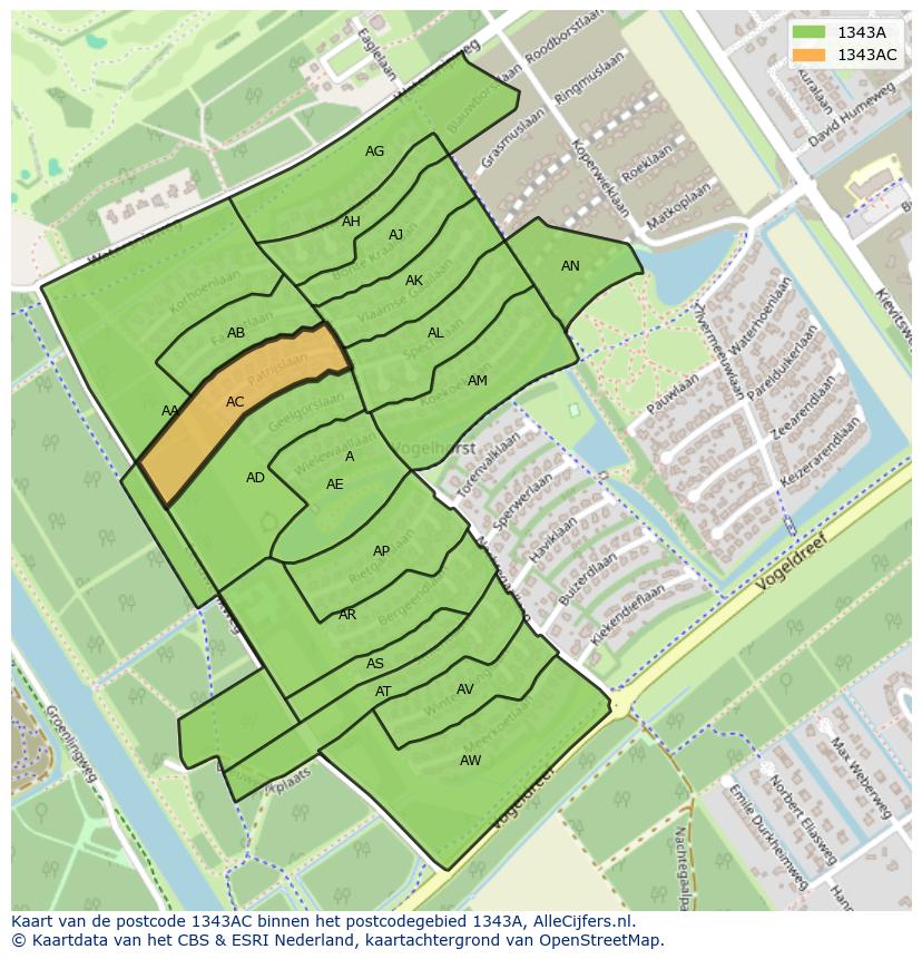 Afbeelding van het postcodegebied 1343 AC op de kaart.