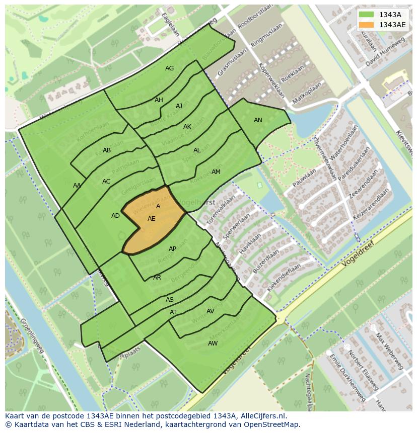 Afbeelding van het postcodegebied 1343 AE op de kaart.