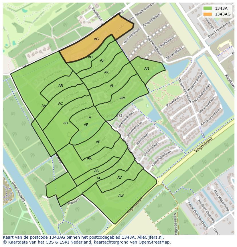 Afbeelding van het postcodegebied 1343 AG op de kaart.