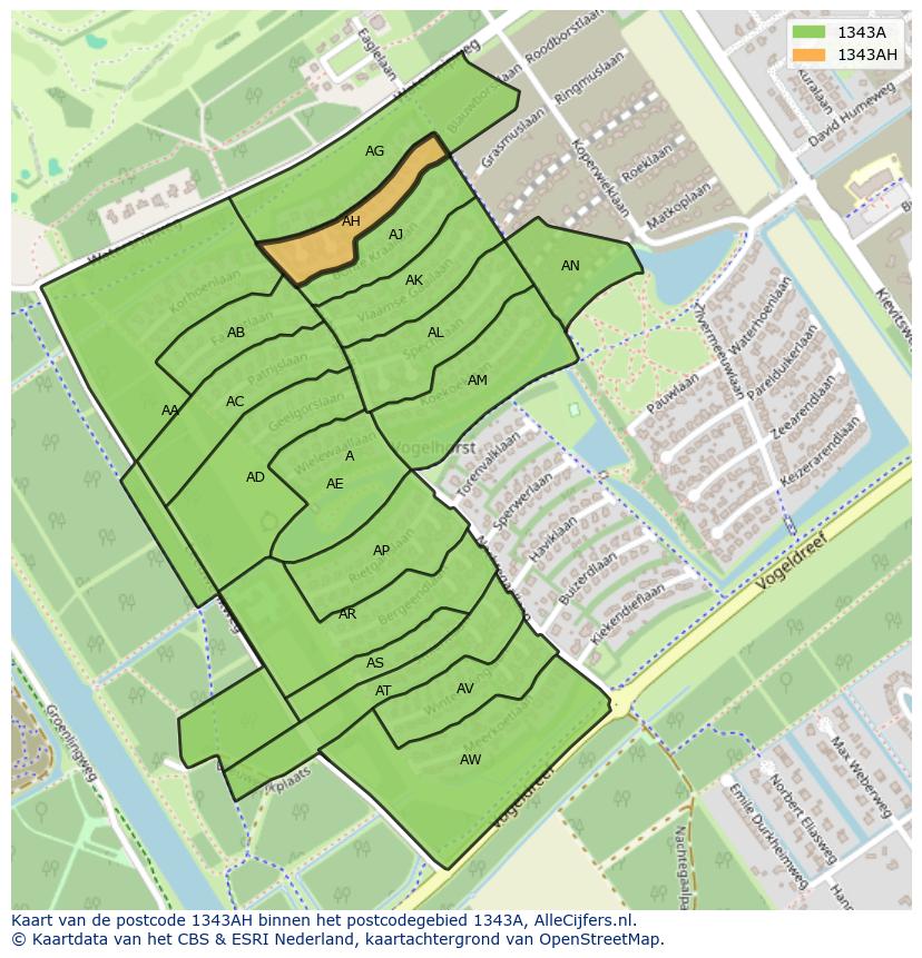 Afbeelding van het postcodegebied 1343 AH op de kaart.