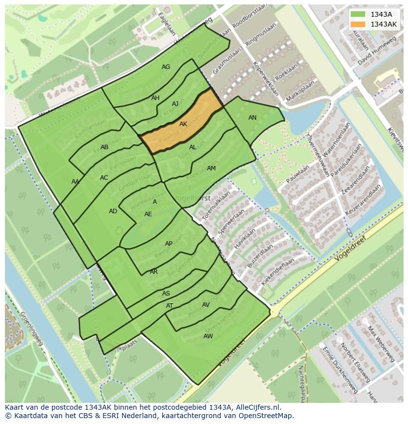 Afbeelding van het postcodegebied 1343 AK op de kaart.