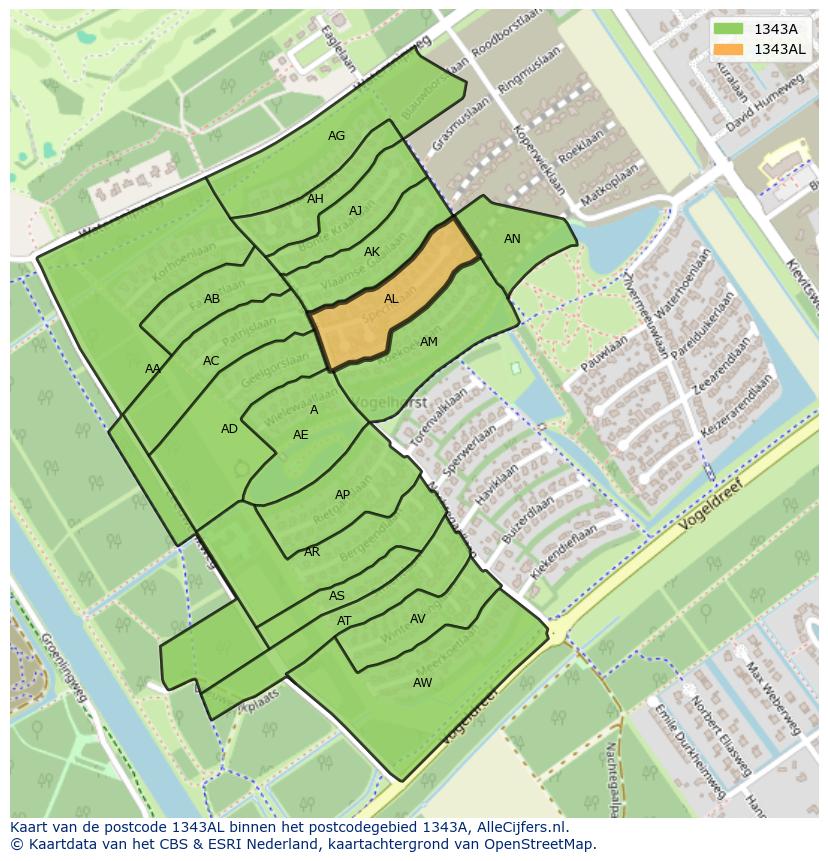 Afbeelding van het postcodegebied 1343 AL op de kaart.