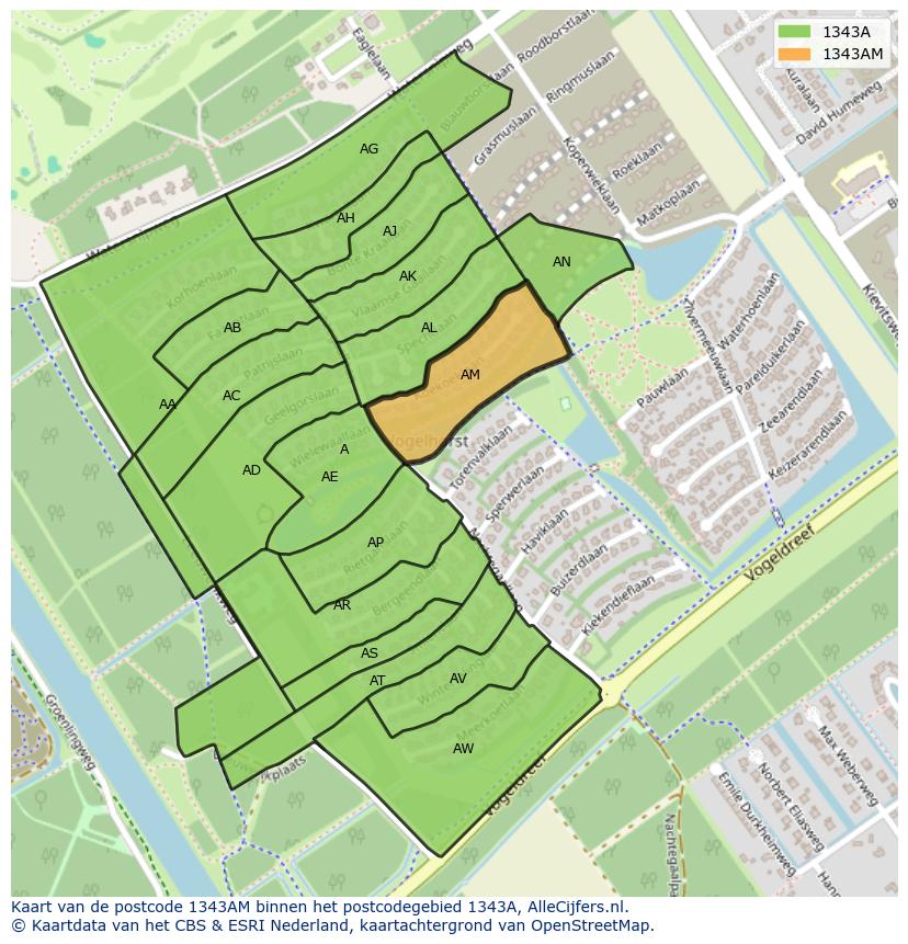 Afbeelding van het postcodegebied 1343 AM op de kaart.