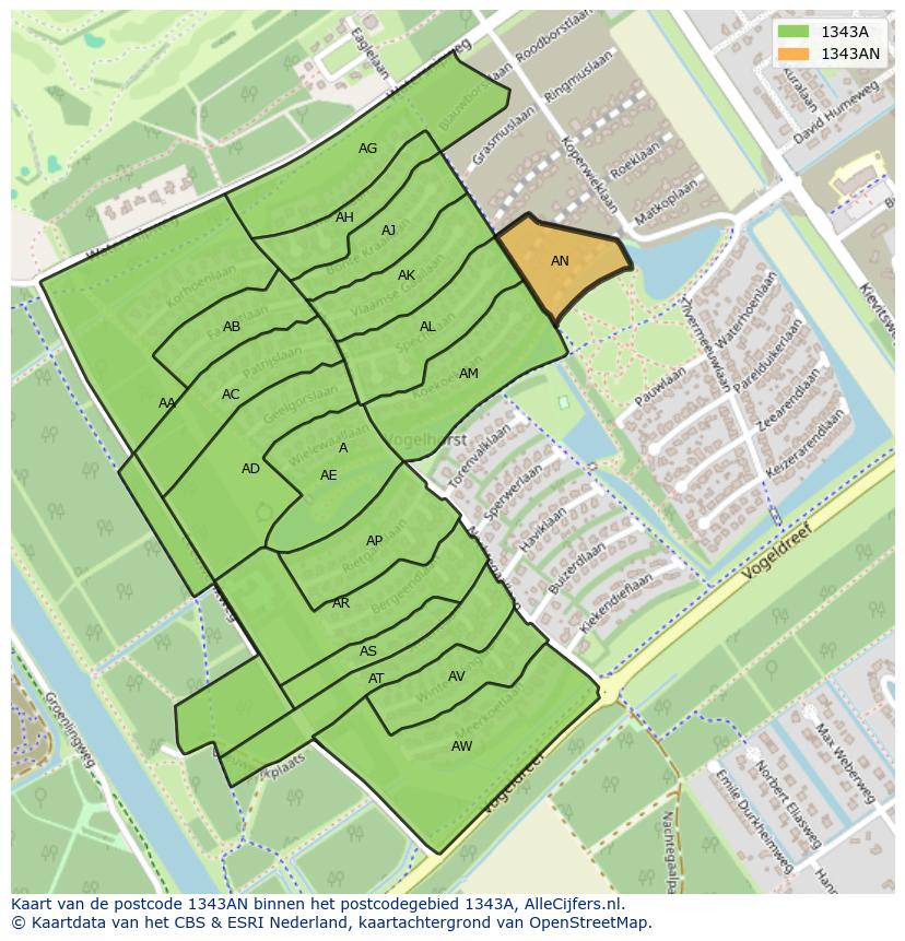 Afbeelding van het postcodegebied 1343 AN op de kaart.