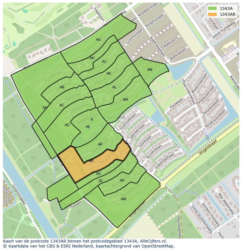 Afbeelding van het postcodegebied 1343 AR op de kaart.