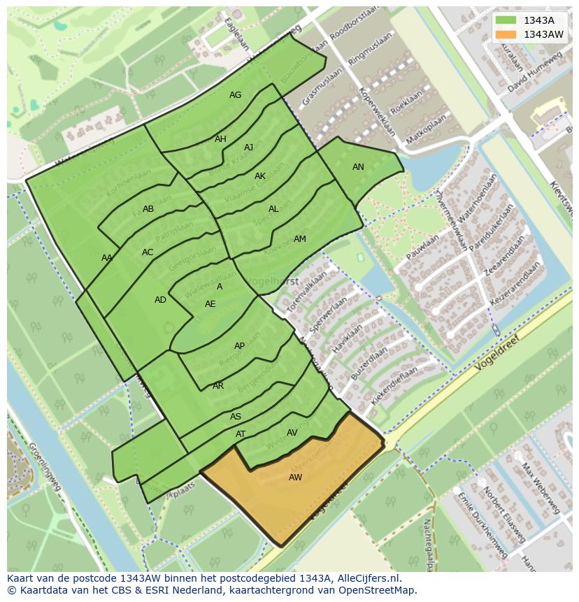 Afbeelding van het postcodegebied 1343 AW op de kaart.