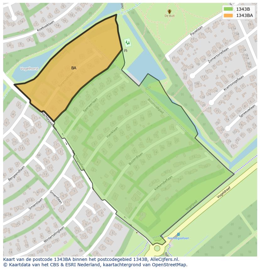 Afbeelding van het postcodegebied 1343 BA op de kaart.