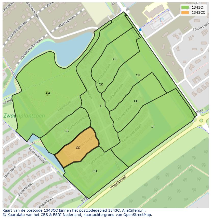 Afbeelding van het postcodegebied 1343 CC op de kaart.