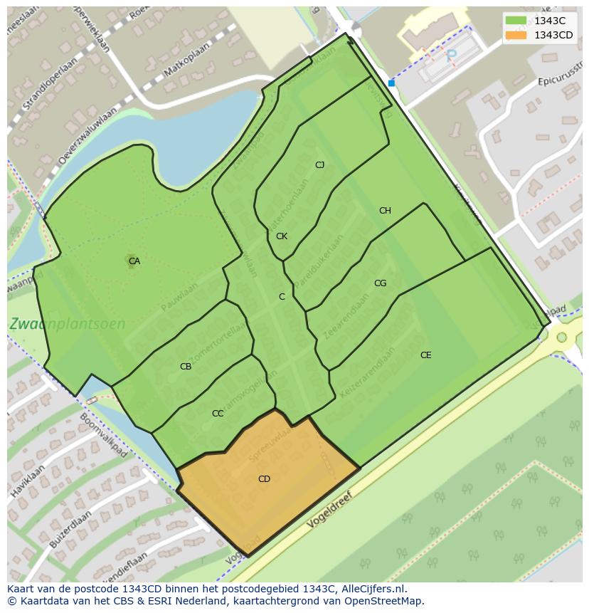 Afbeelding van het postcodegebied 1343 CD op de kaart.
