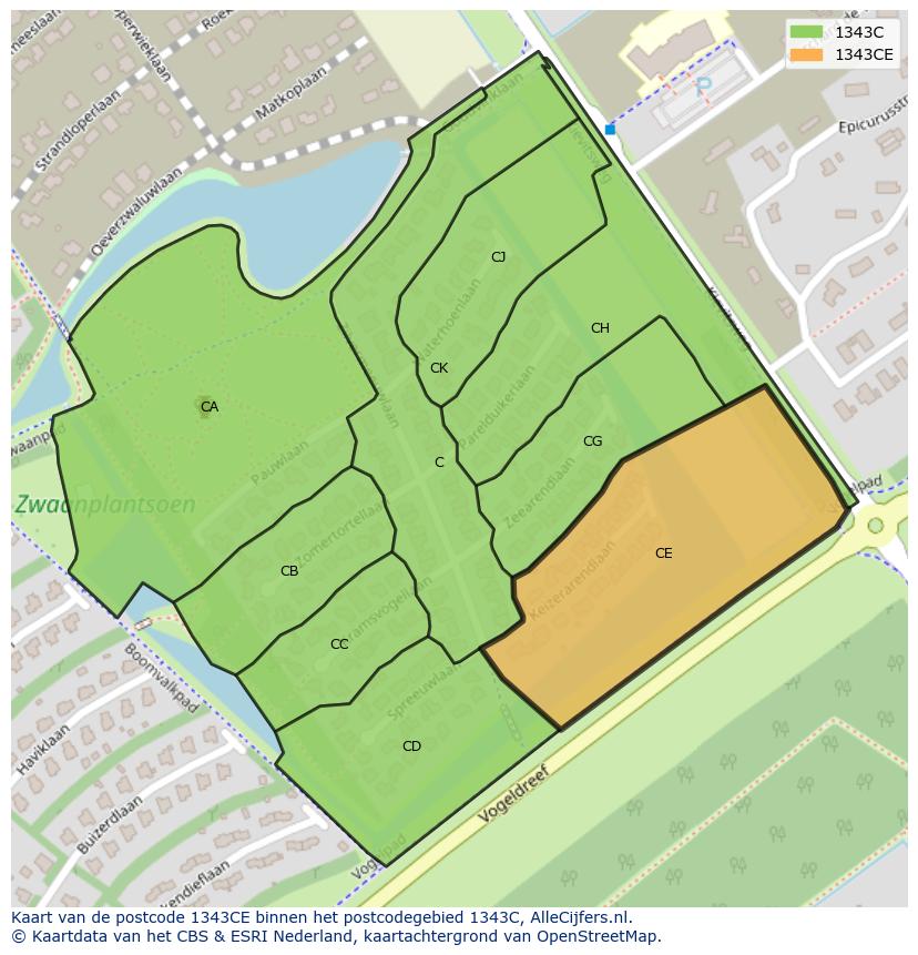 Afbeelding van het postcodegebied 1343 CE op de kaart.