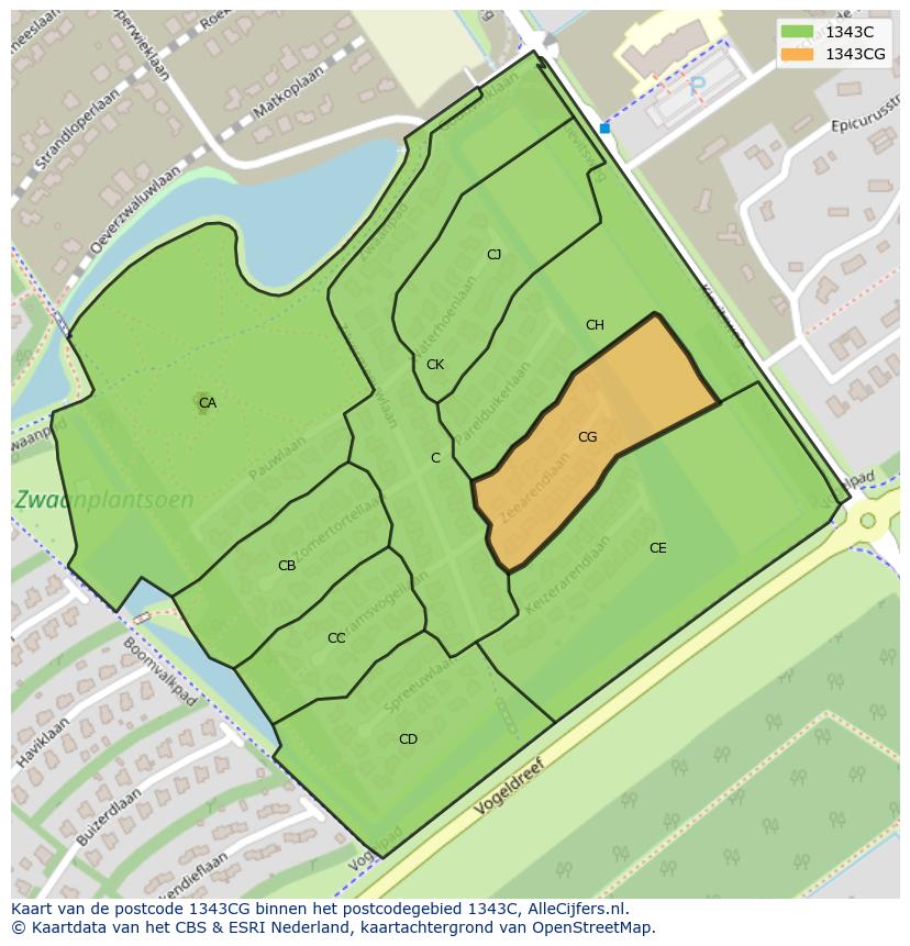Afbeelding van het postcodegebied 1343 CG op de kaart.