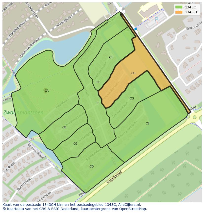 Afbeelding van het postcodegebied 1343 CH op de kaart.